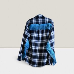 Black & White Flannel – Light Blue Fringes, Western Patches, Oversized Festival